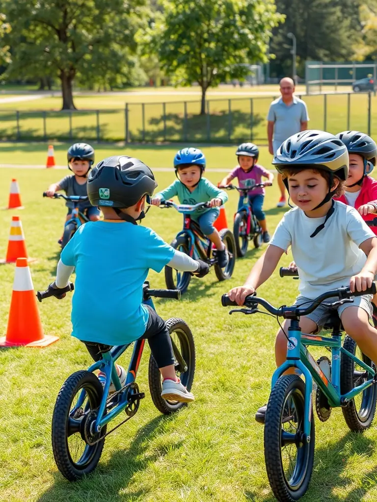 A photo of children learning basic cycling skills in a safe, controlled environment, highlighting the club's commitment to youth development and safety.