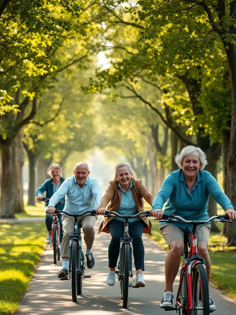 A group of senior citizens enjoying a leisurely bike ride along a designated path, demonstrating the club's commitment to promoting active lifestyles for older adults.