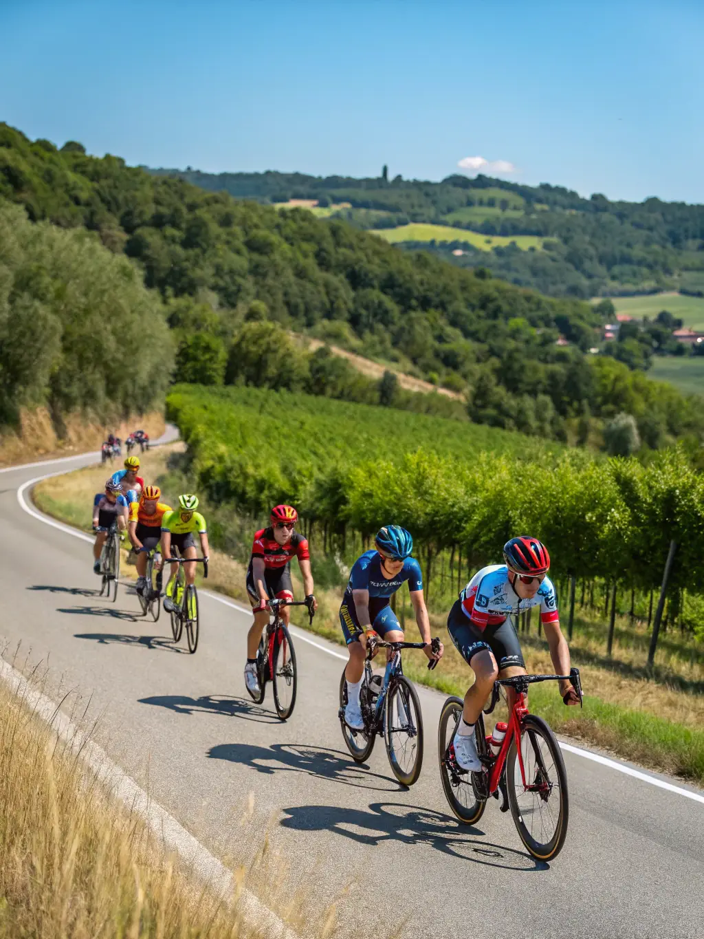 A group of cyclists participating in a training session on a sunny day, focusing on improving their speed and endurance.