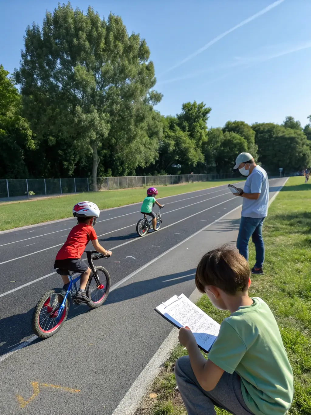 A diverse group of children and adults learning basic cycling skills in a safe, controlled environment, emphasizing the club's focus on education and safety.