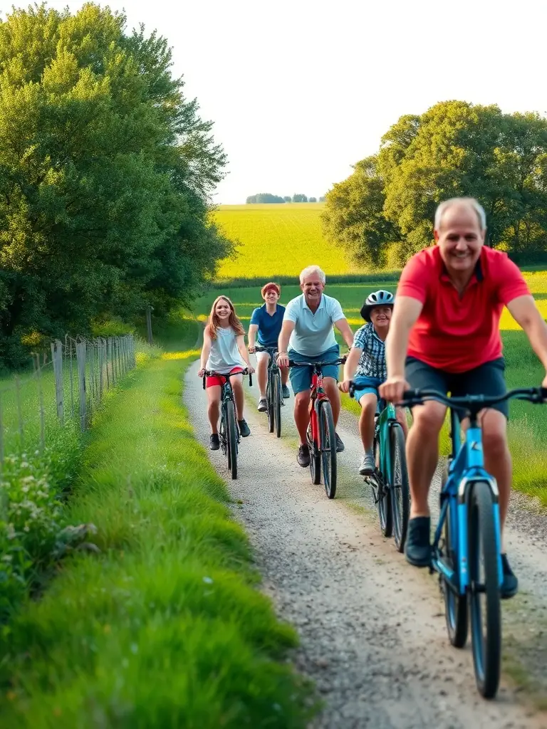 A diverse group of cyclists enjoying a leisurely group ride through scenic countryside, emphasizing the social aspect of cycling.