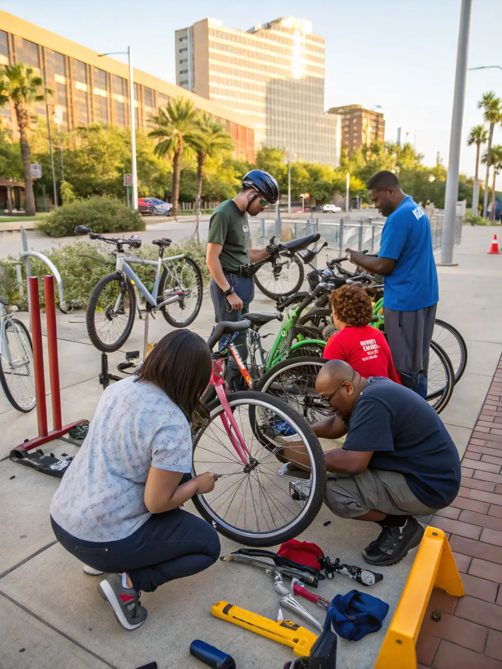 Volunteers setting up a cycling event in a local park, showcasing the community involvement and support for cycling.