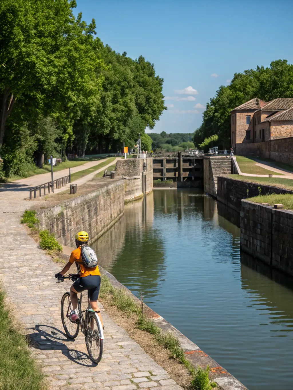 A cyclist riding through a picturesque countryside with minimal traffic, highlighting the environmental benefits of cycling.