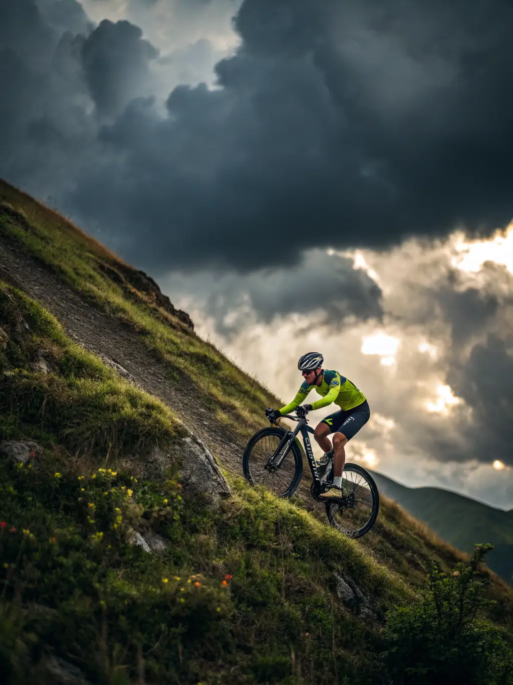 A close-up shot of a cyclist's legs powerfully pedaling uphill, showcasing strength and determination, set against a backdrop of a lush green forest.