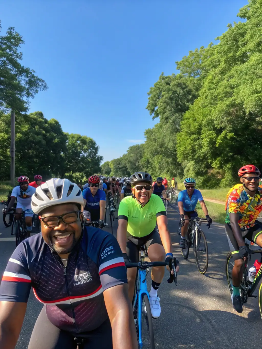 A diverse group of cyclists of different ages and abilities gathered at a scenic overlook, symbolizing inclusivity and accessibility.
